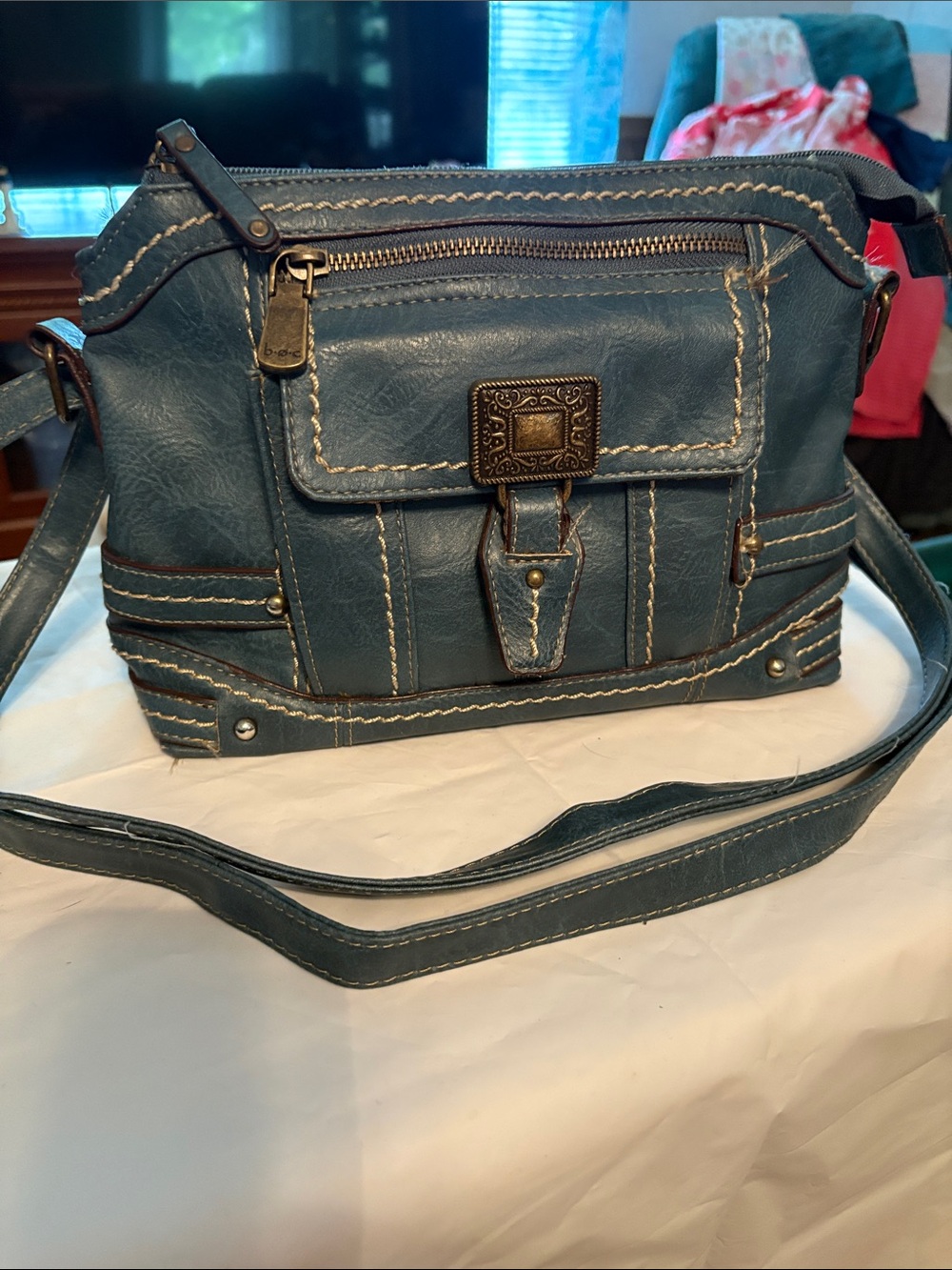 B.O.C Stylish Blue Crossbody Bag with Decorative Stitching